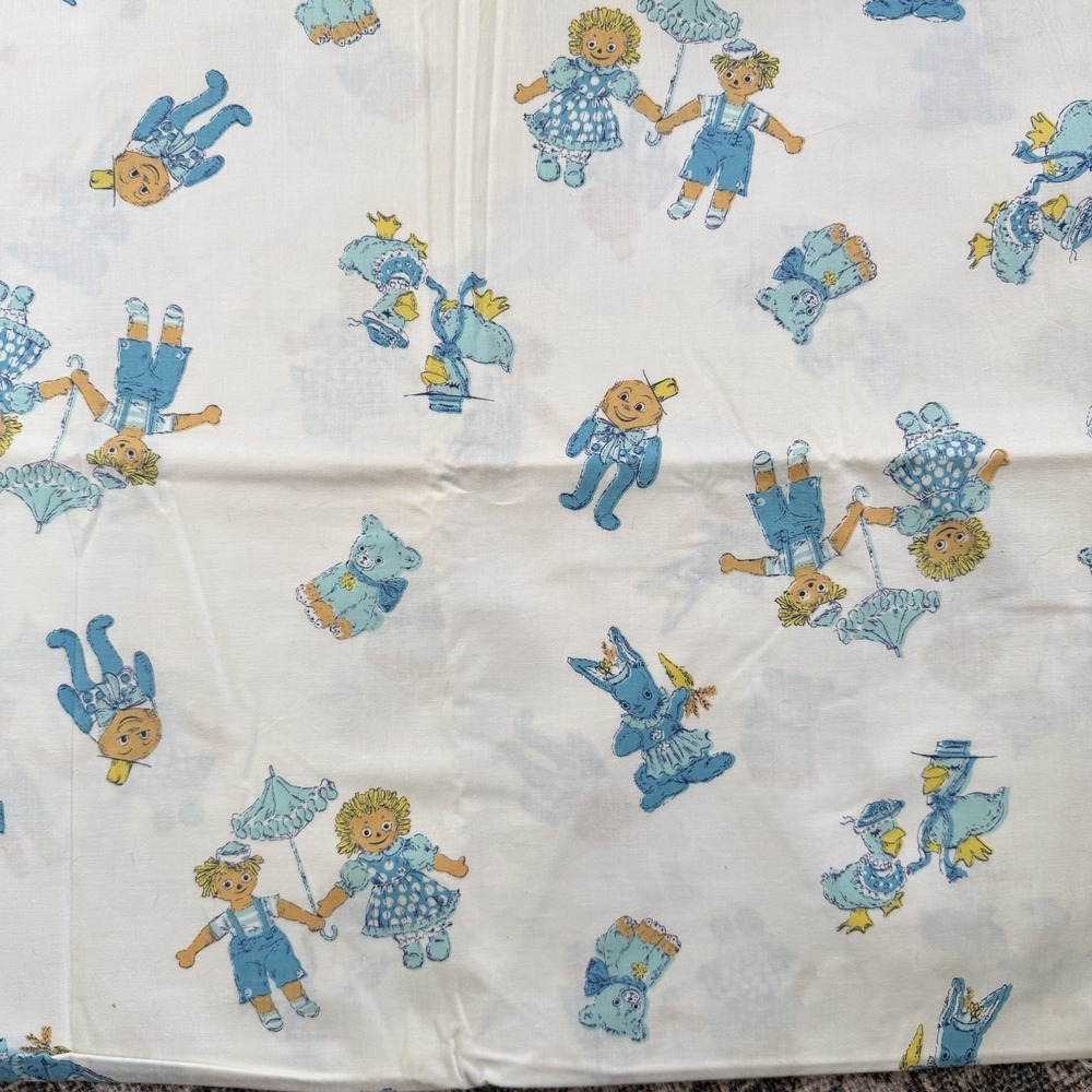 VTG Fabric Raggedy Ann Andy Humpty Dumpty Scary‎ Bunny Mother Goose Blue  65x36"